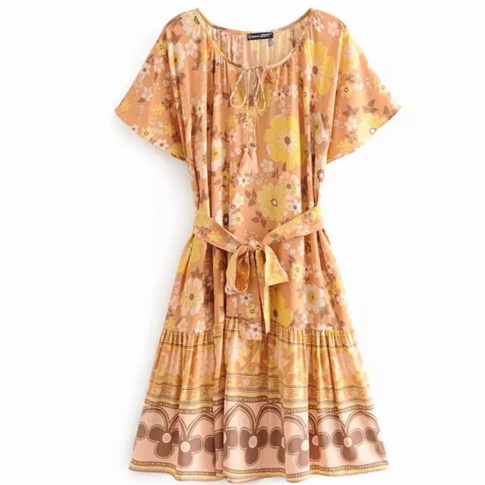 Yellow Tiered Boho Floral Gypsy Print Dress - Picture 6 of 11